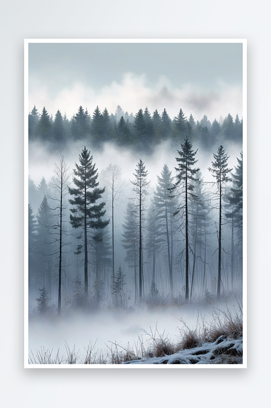 寒冷的冬天森林里飘着雾气插画