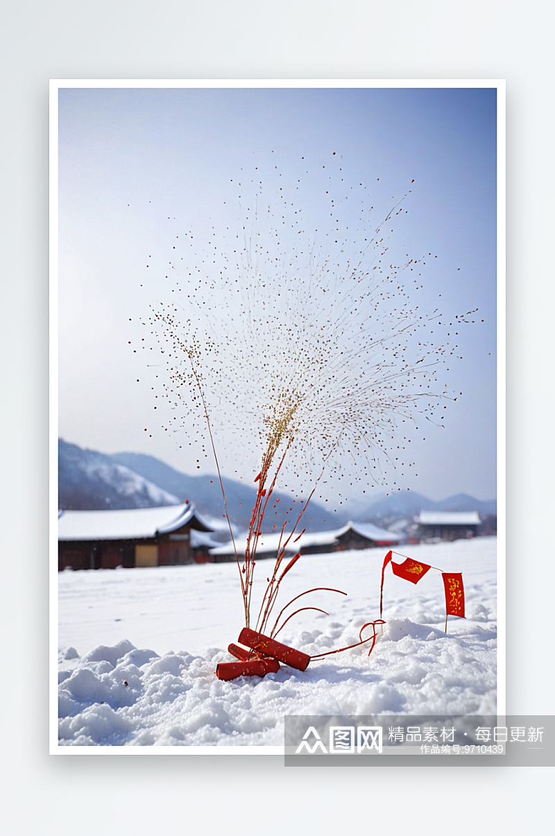 过年了放鞭炮农村雪景插画素材