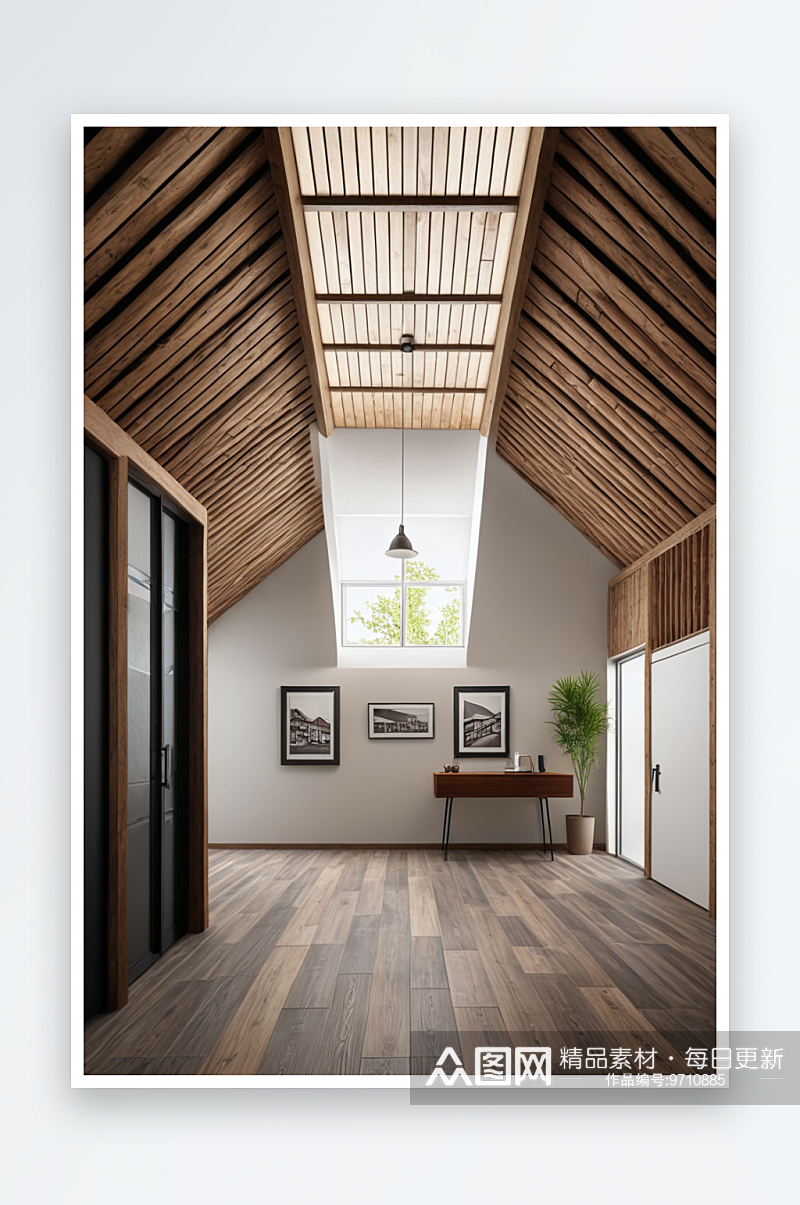 房地产木质墙面斜屋面吊顶售楼部室内空间素材