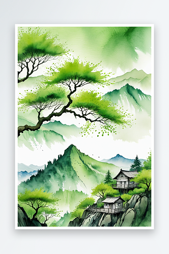 春天绿树山居水墨插画