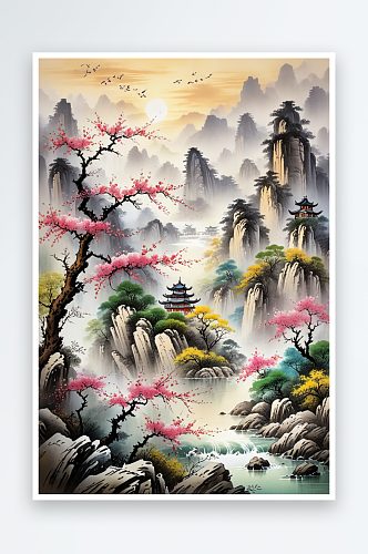 春季开满花的中山水画