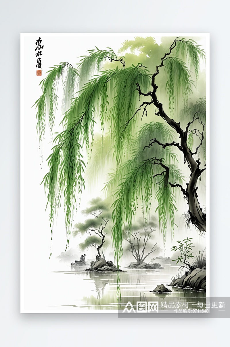 垂柳风水墨画谷雨清明节气背景插图传统文化素材