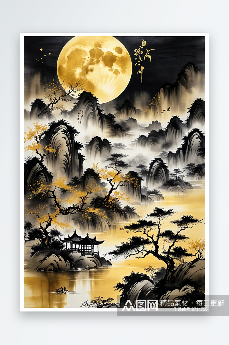 传统中画背景金色黑色山水水墨月亮素材