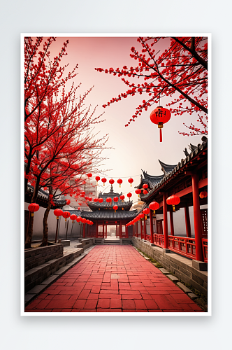 传统春节背景红色庆祝灯笼建筑