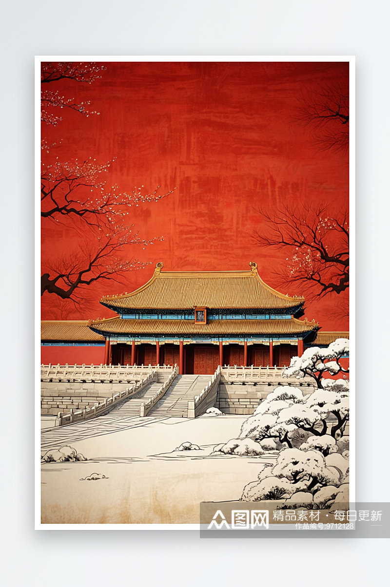 北京故宫建筑文化新年背景插画素材