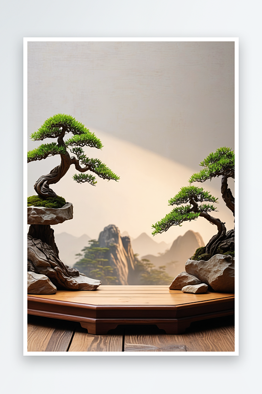 中式盆景假山背景墙木质平台展台