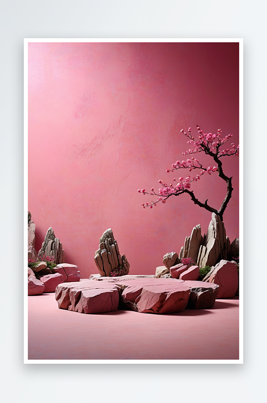 中式假山石粉色展台背景墙