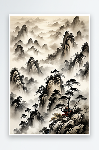 中古画高山云雾水墨画