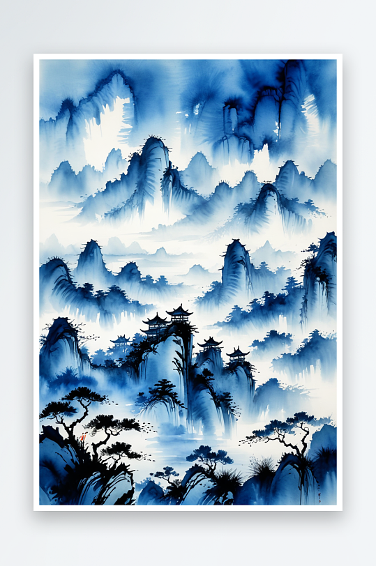 竖幅背景蓝色中山水水墨画