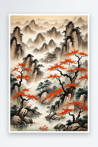 绝新中式风绘画画风格的山水场景