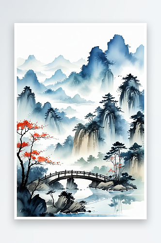 复古画画轴水彩风格山水插画背景图