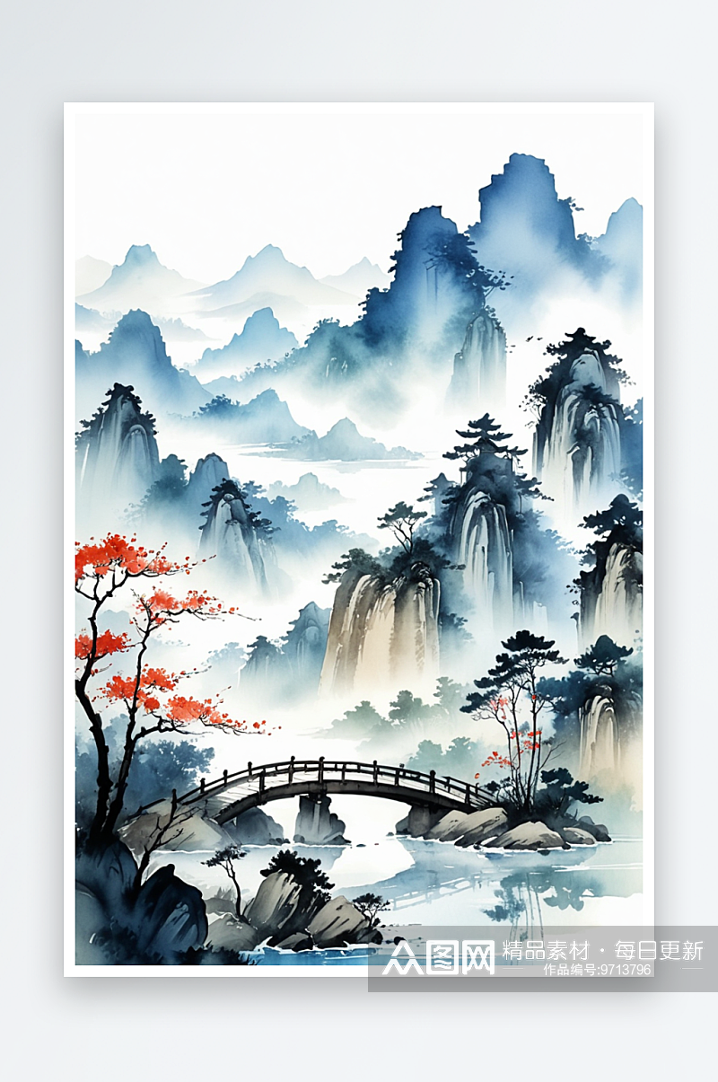 复古画画轴水彩风格山水插画背景图素材