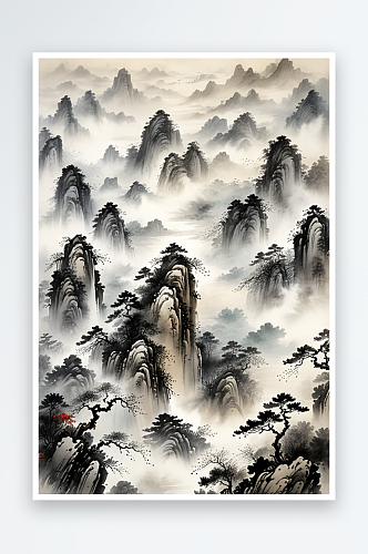 中古画高山云雾水墨画