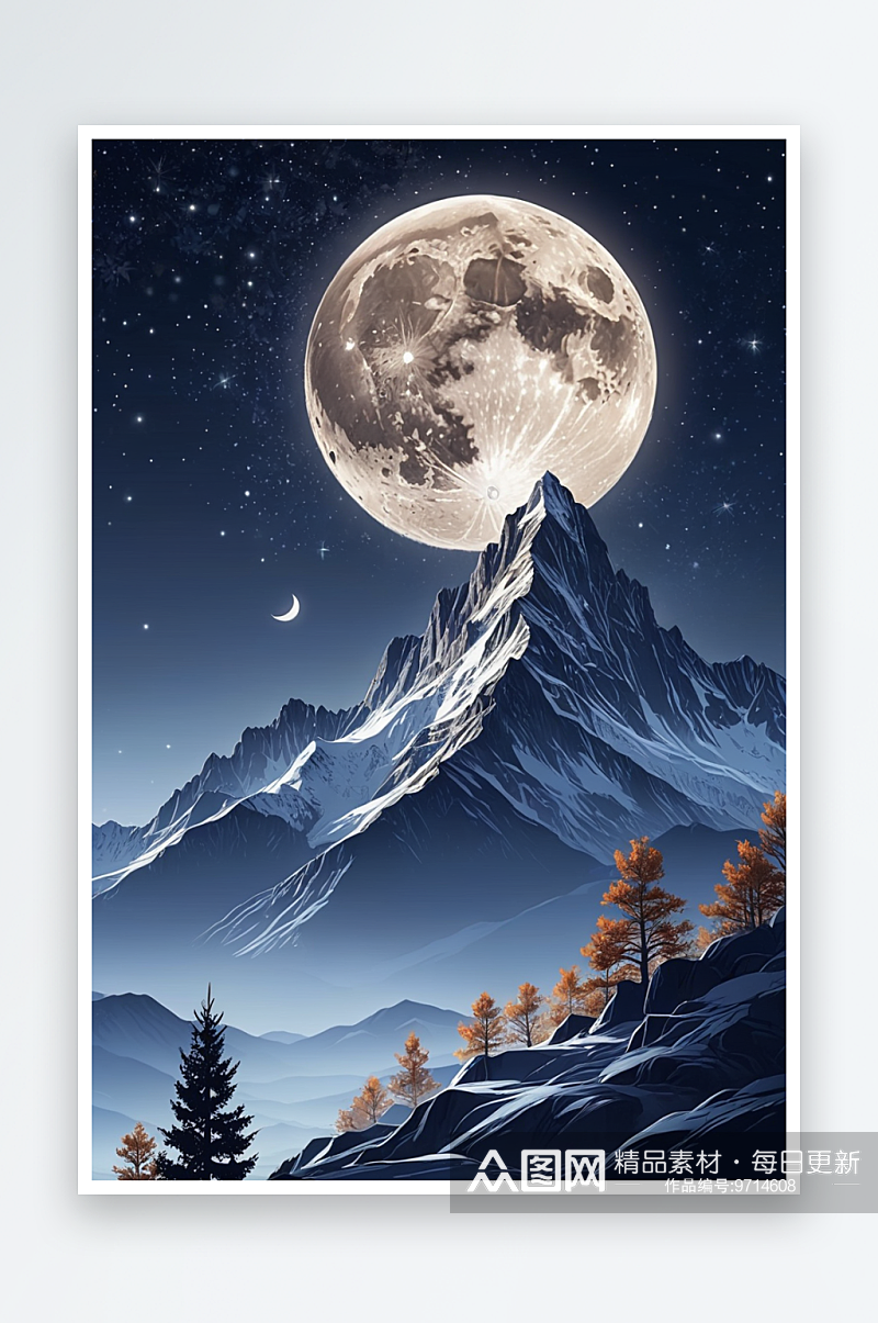 夜晚星空下月亮将月光撒在山峰上背景插画素材