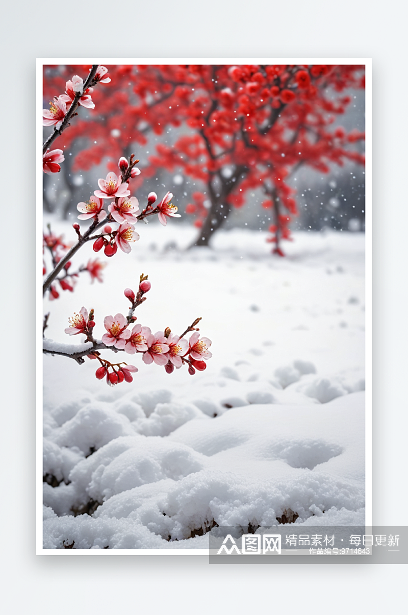 雪落红梅图大雪中独自绽放的红色梅花素材