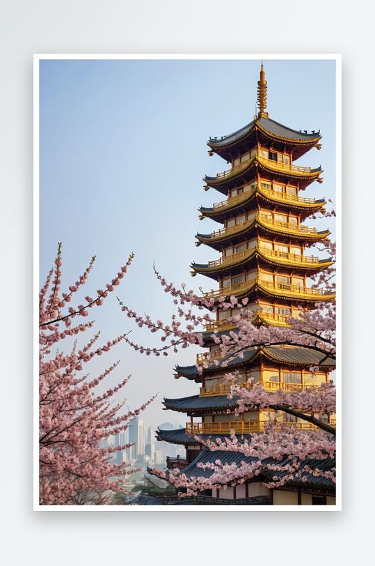 武汉市的黄鹤楼周围樱花正盛开插画背景
