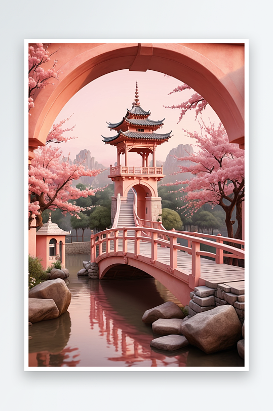 柔和桃色粉色传统建筑桥插画