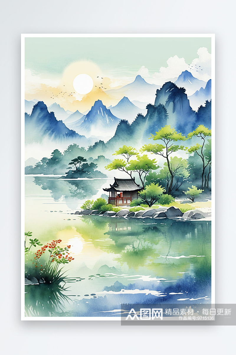 立夏节气中风小清新水彩风格山水插画素材