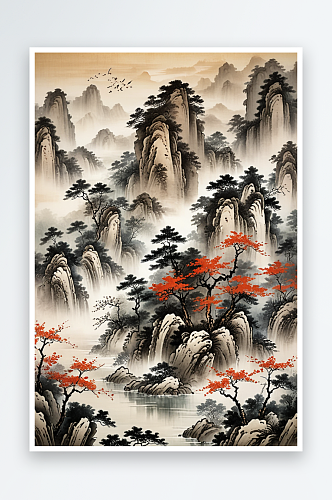 绝新中式风绘画画风格的山水场景