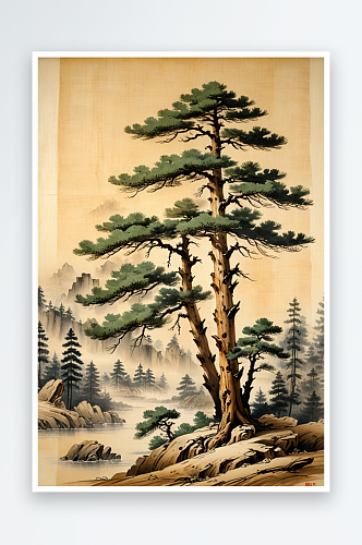 卷轴画上的松树图片