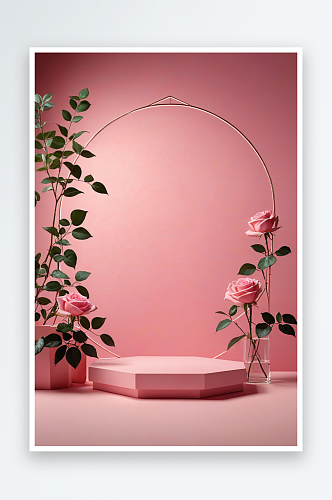极简主义玫瑰几何底座粉色背景下的产品展示