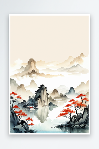 复古画画轴水彩风格山水插画背景图