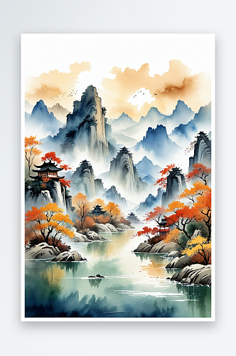 复古画画轴水彩风格山河秋色插画背景图