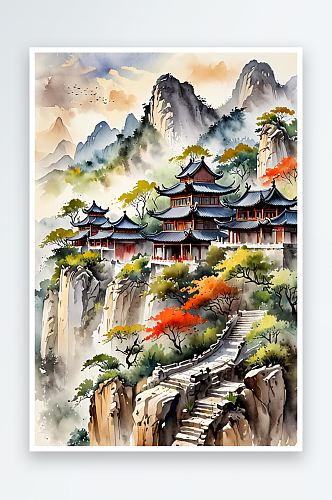 中式山水迎客松山脉建筑画风格插画