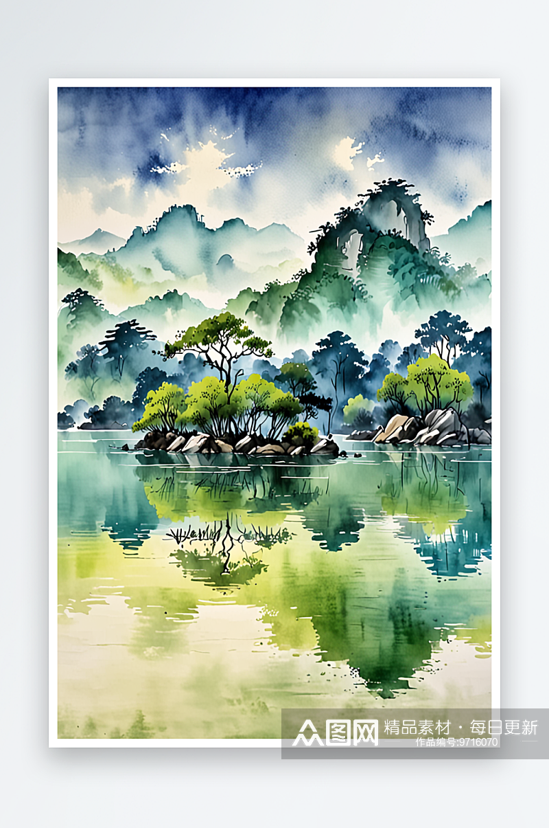 中风新中式中画青绿山水画仿古浮世绘风杭州素材