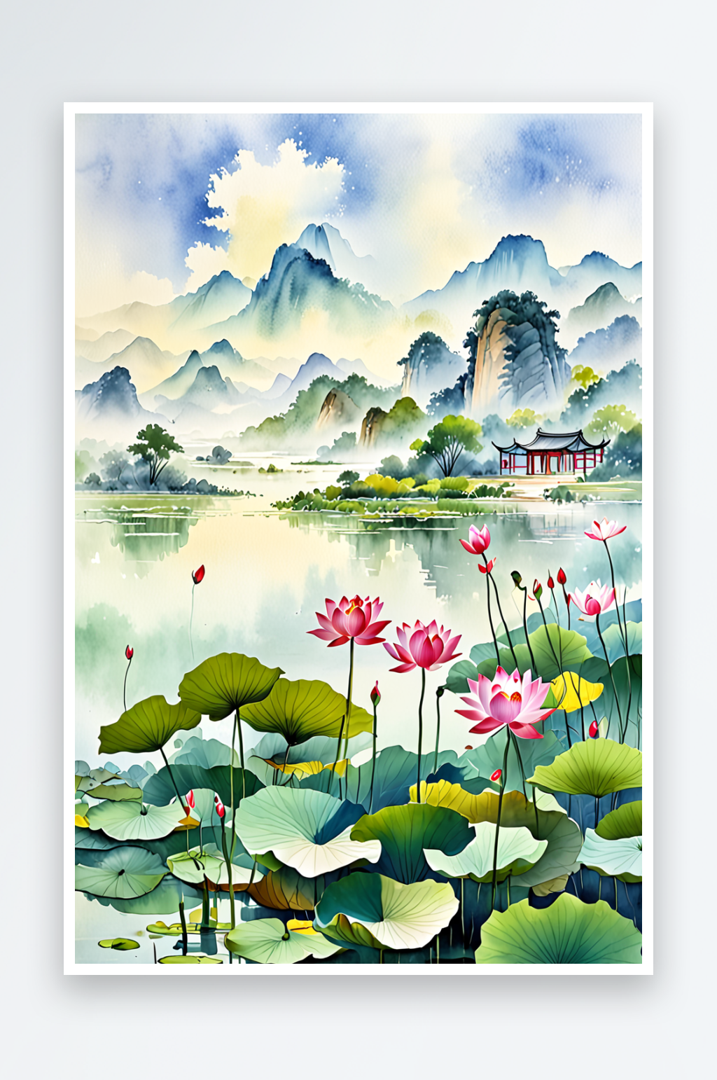 中风山水荷塘图片素材