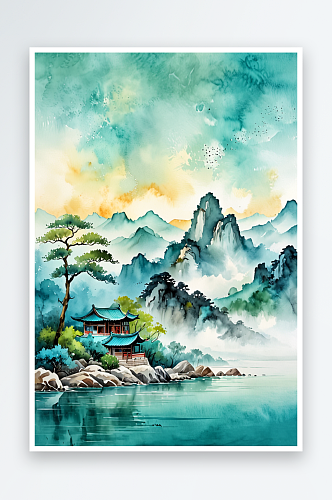 中风青绿色调山水画