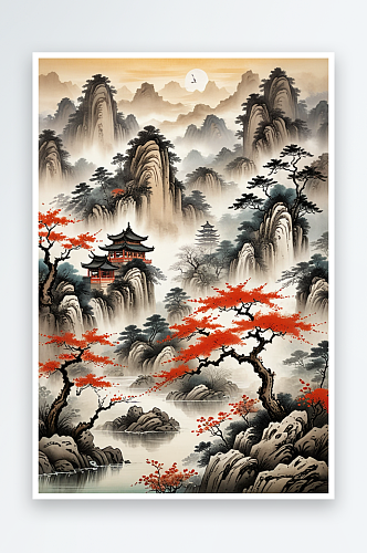 绝新中式风绘画画风格的山水场景
