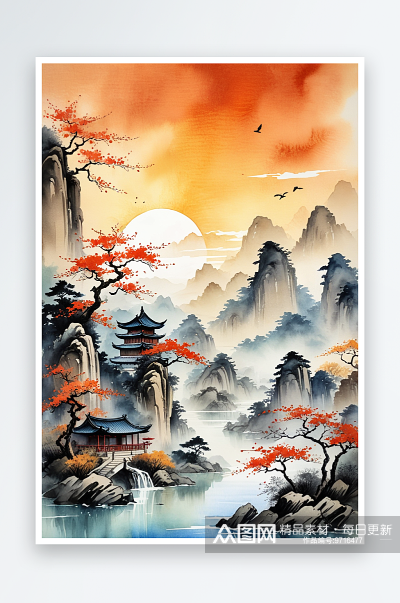 复古画画轴水彩风格山水插画背景图素材