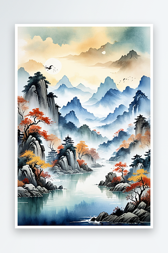 复古画画轴水彩风格山河秋色插画背景图