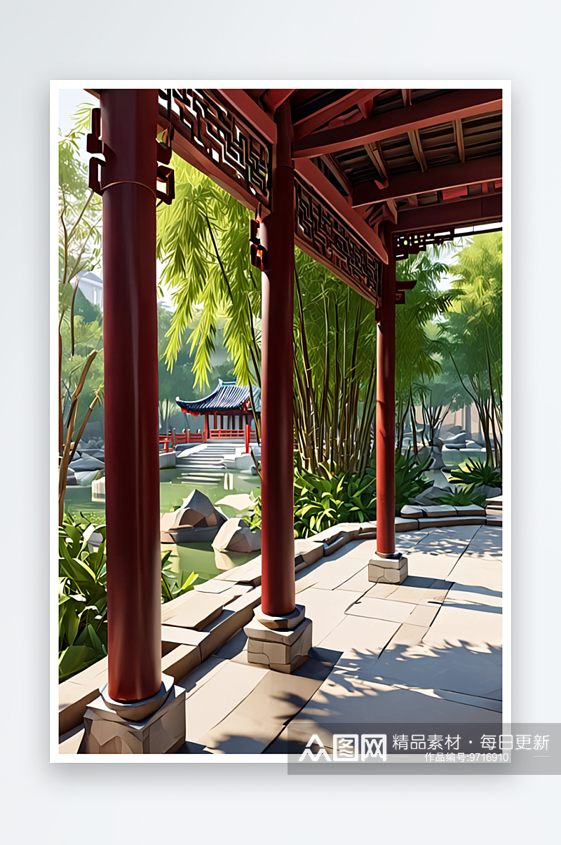 中式长廊与竹叶江南园林景观设计素材