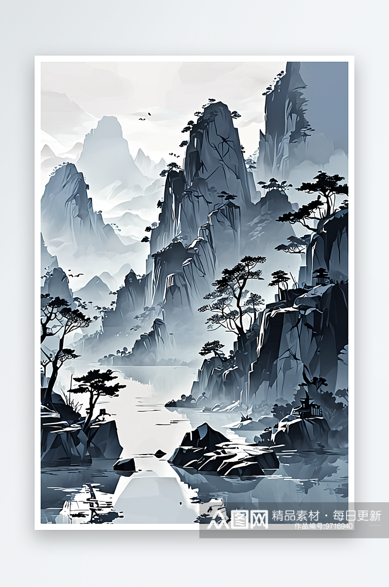 中式水墨山水画风格唯意境背景素材