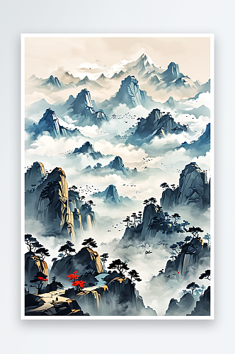 中古画高山云雾水墨画