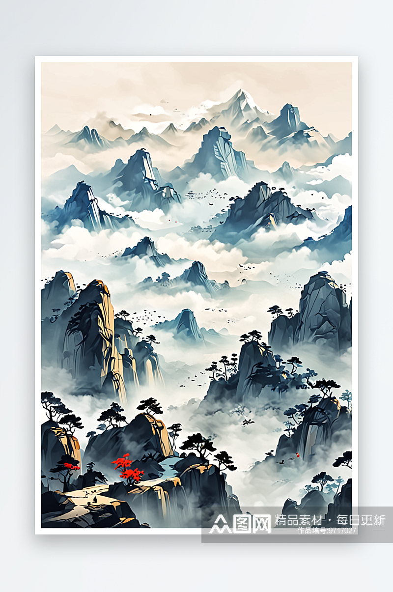 中古画高山云雾水墨画素材