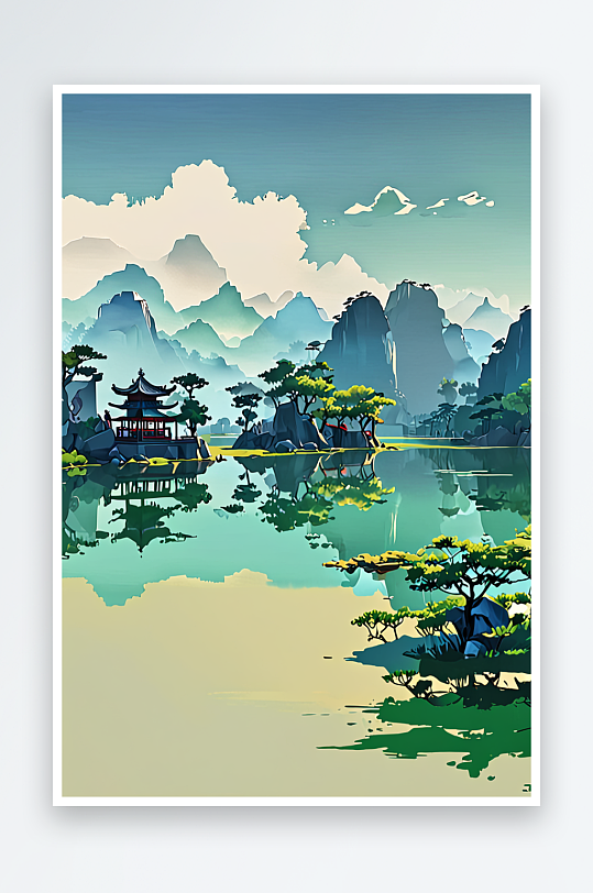 中风新中式中画青绿山水画仿古浮世绘风杭州