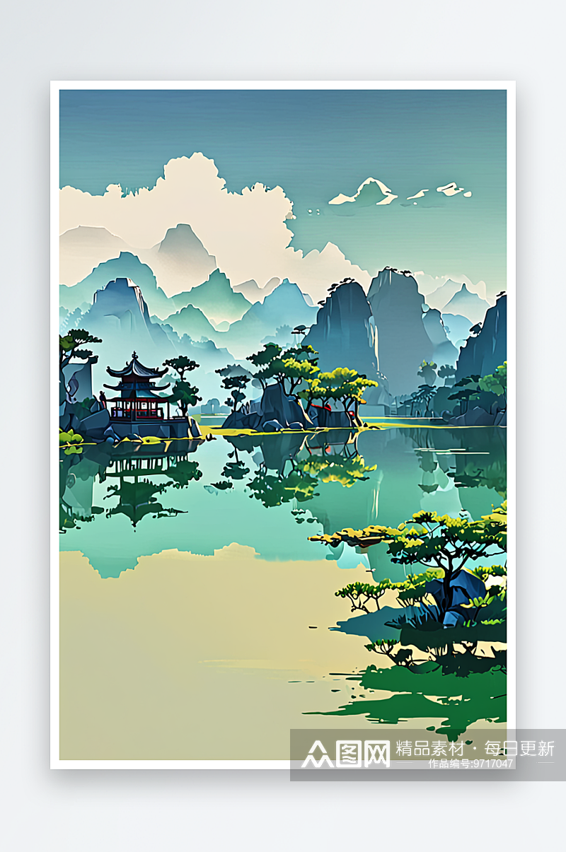 中风新中式中画青绿山水画仿古浮世绘风杭州素材