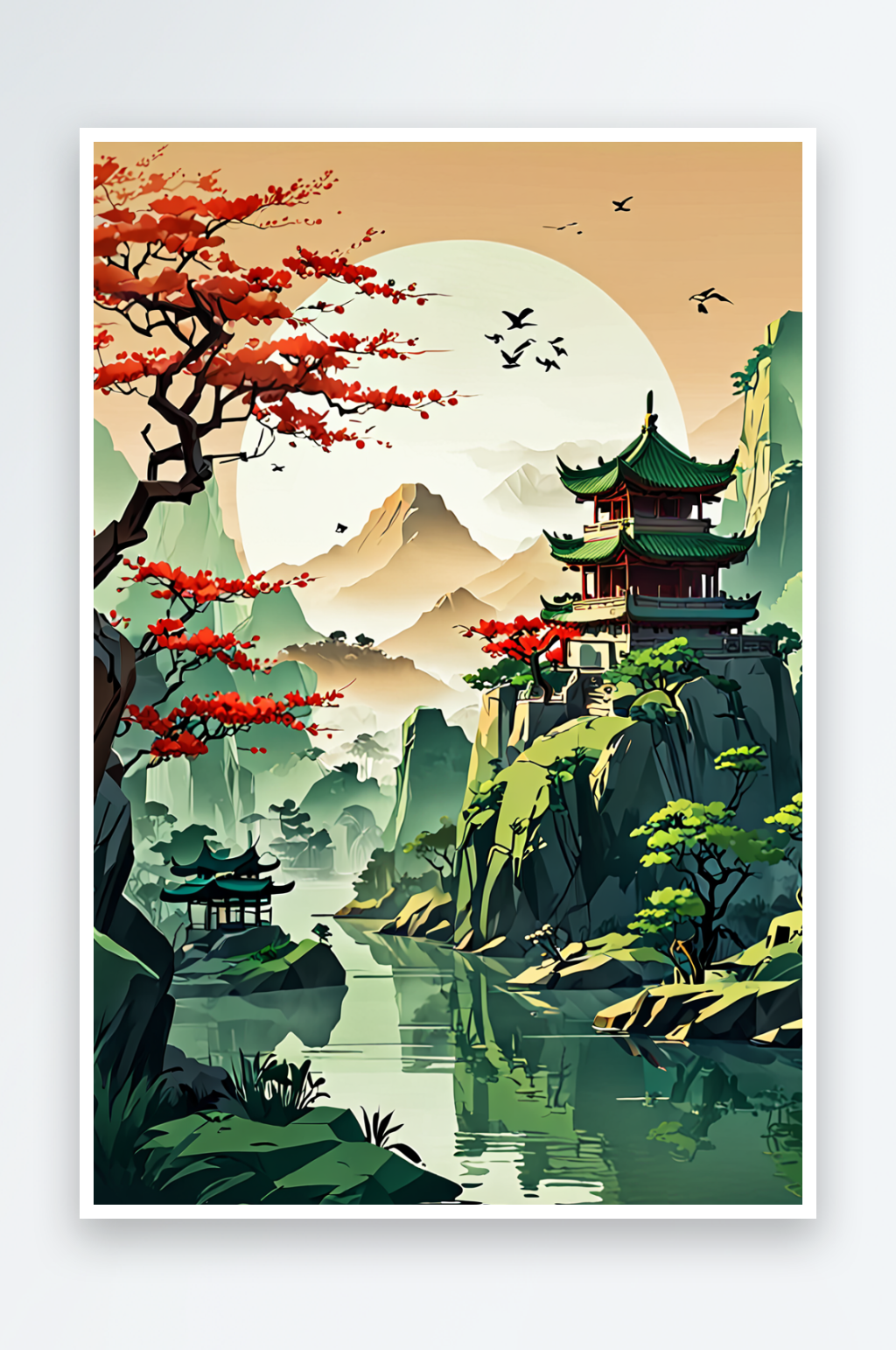 中风新中式古风中画青绿山水画背景素材下载-众图网