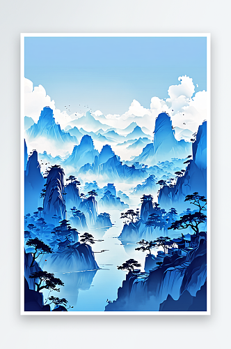 中风蓝色水墨山水画层叠风景插画