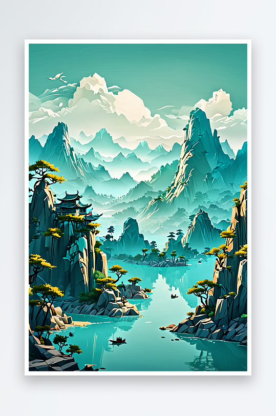 中傳統(tǒng)山水畫青綠色綿延的群山新中式風(fēng)格壁