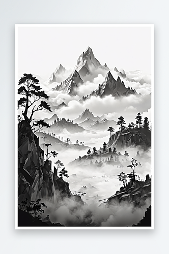 云雾缭绕的黑白水墨山水画