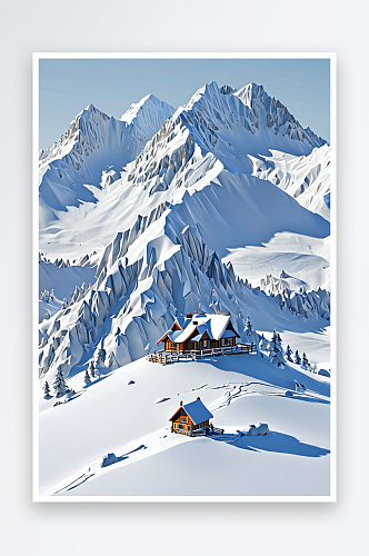 雪山和小房子图片