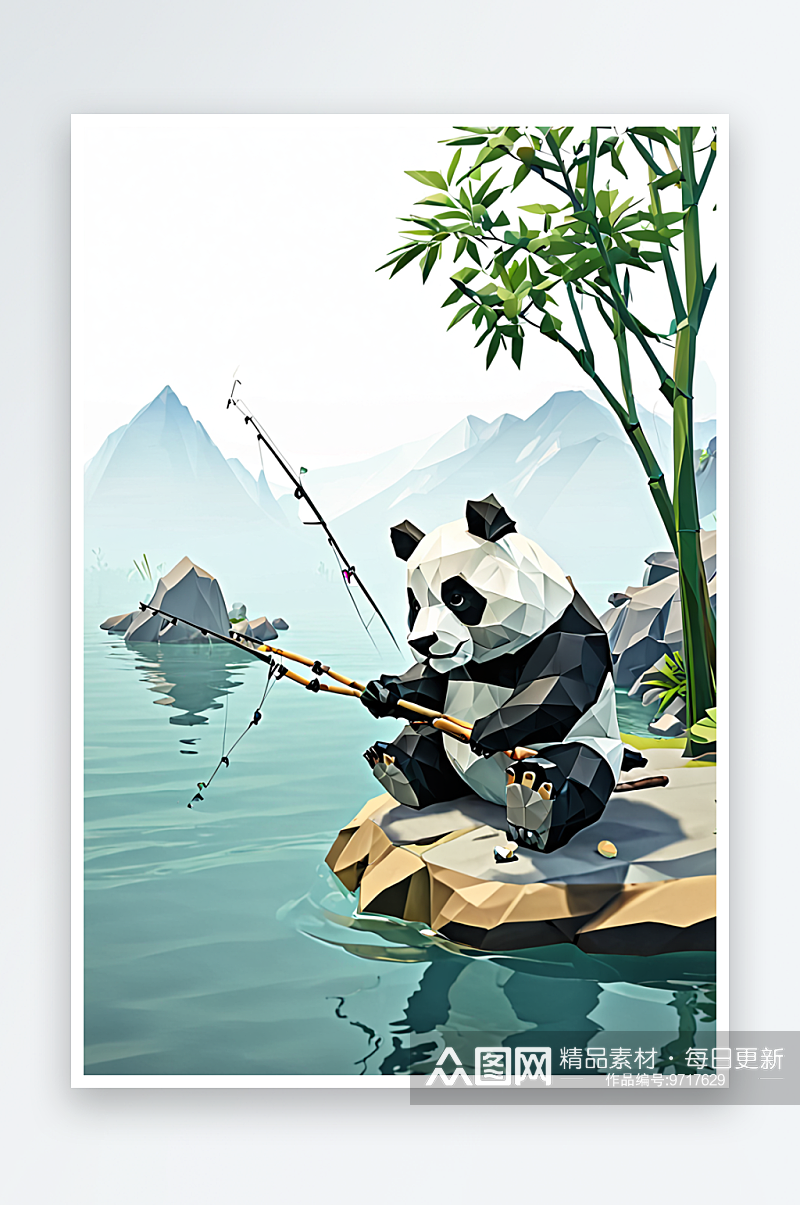 熊猫钓鱼特写图片素材