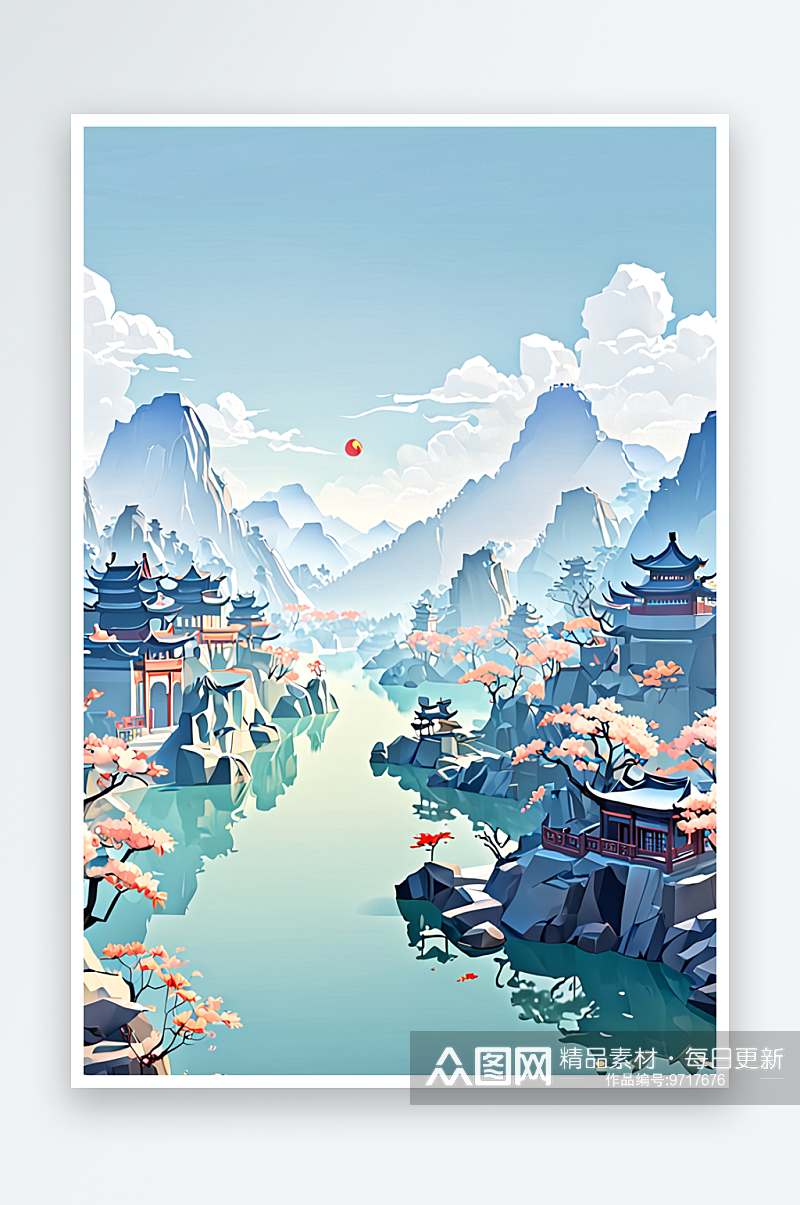 新中式风山水画二十四节气留白户外风景背景素材