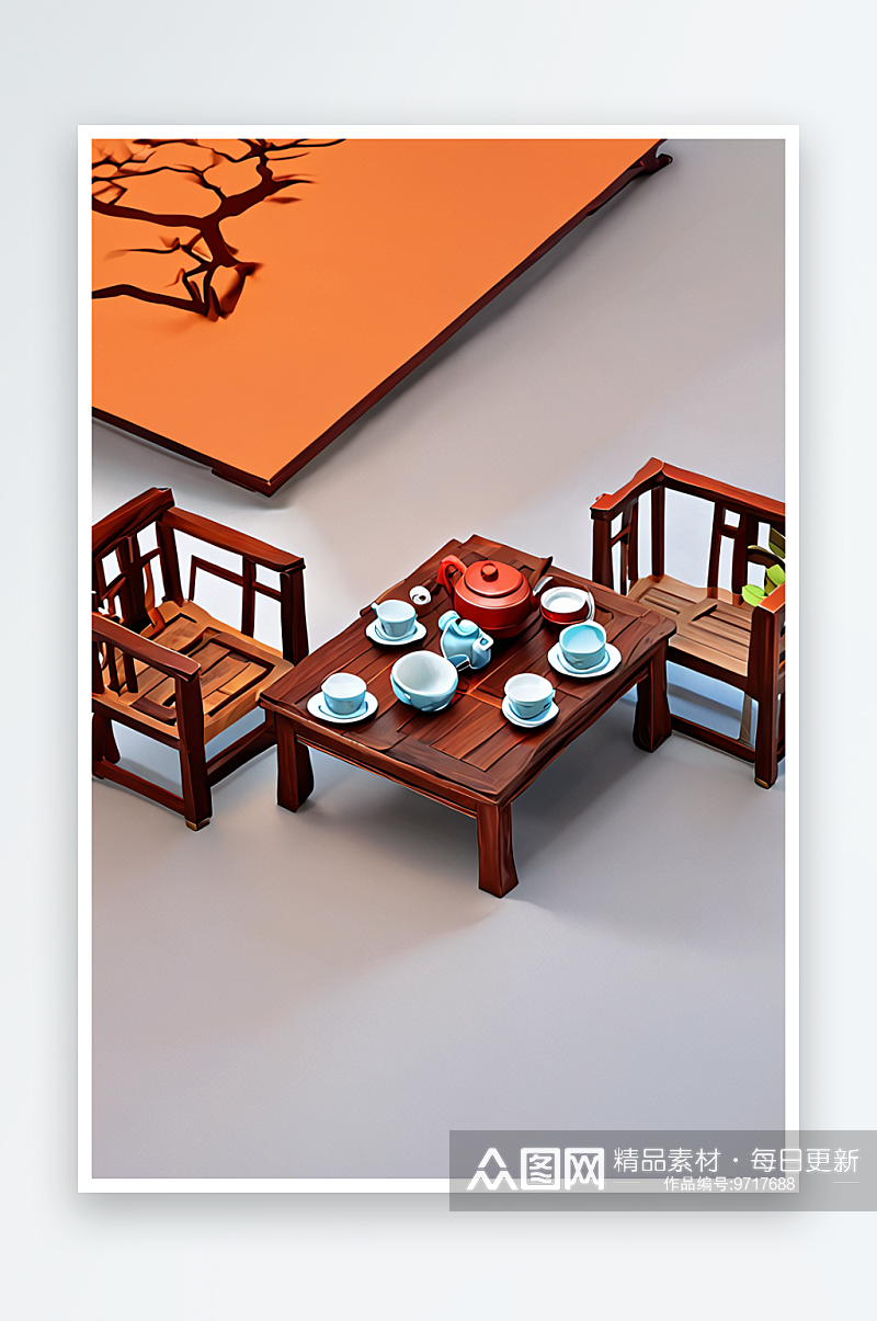 新中式风格实木家具茶具素材