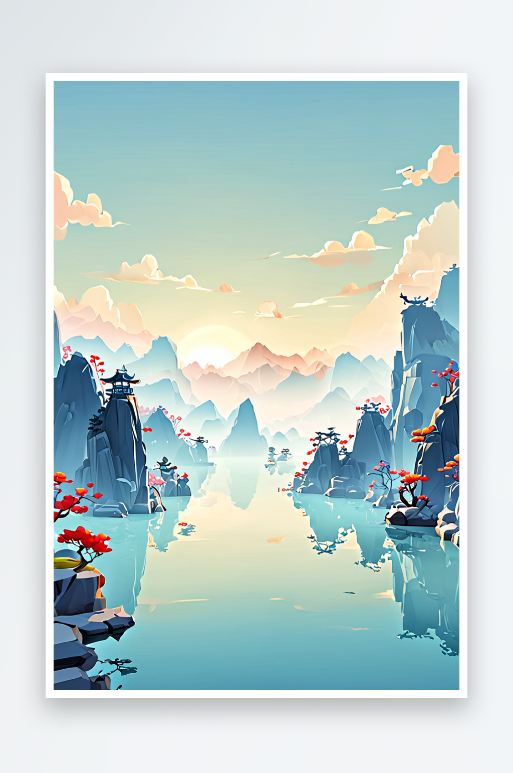 唯中风手绘山水画素材