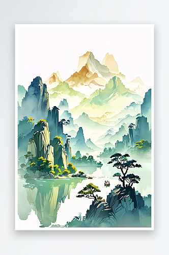 水彩绣色山水画图片